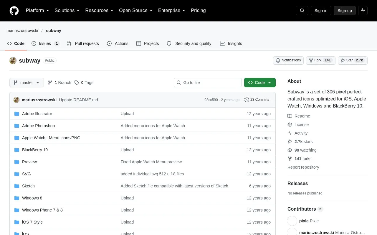 Screenshot of the Subway Icon Set homepage