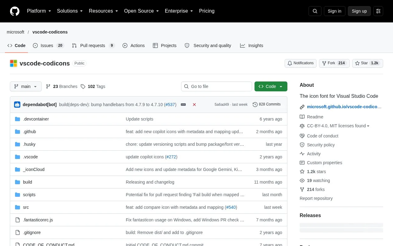 Screenshot of the Codicons homepage