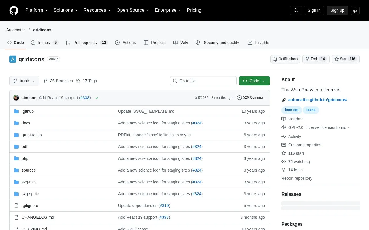 Screenshot of the Gridicons homepage