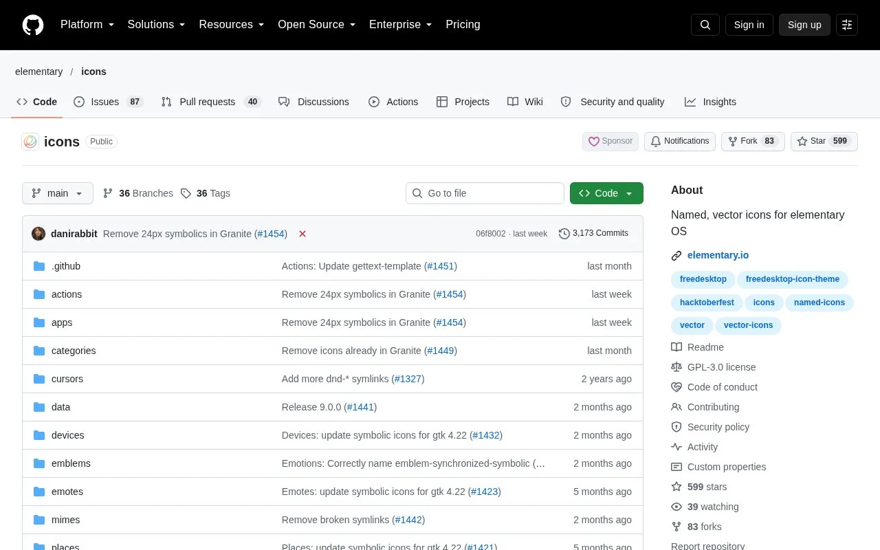 Screenshot of the elementary Icons homepage