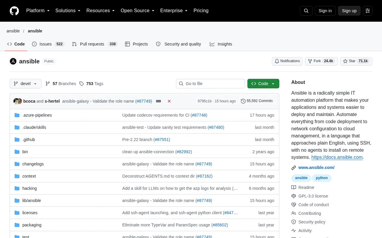 Screenshot of the Ansible homepage
