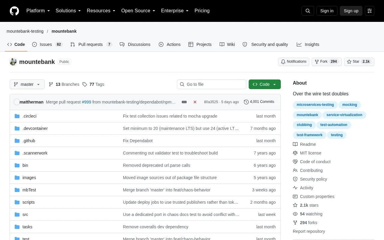 Screenshot of the Mountebank homepage