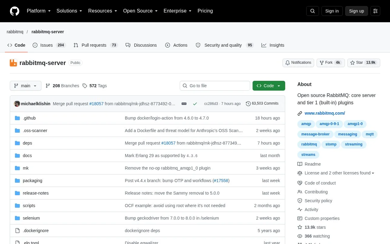 Screenshot of the RabbitMQ homepage
