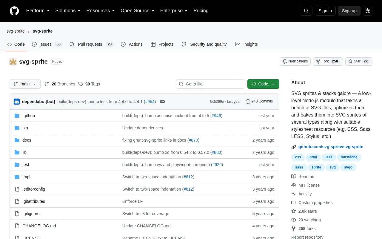 Screenshot of the svg-sprite homepage