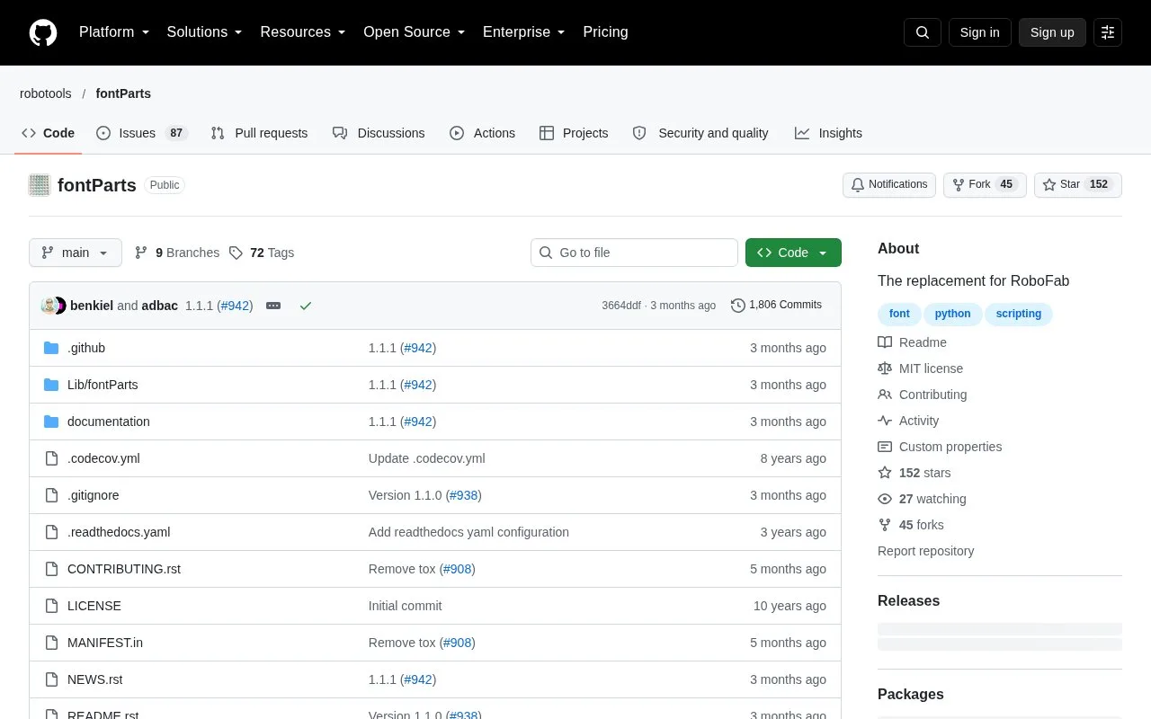 Screenshot of the FontParts homepage