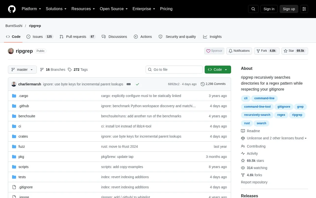 Screenshot of the ripgrep homepage