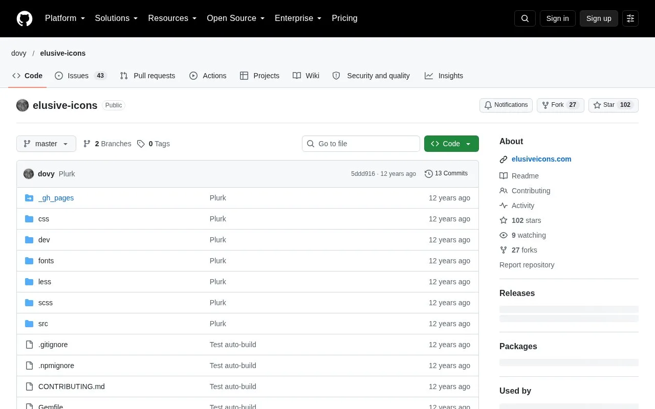 Screenshot of the Elusive Icons homepage