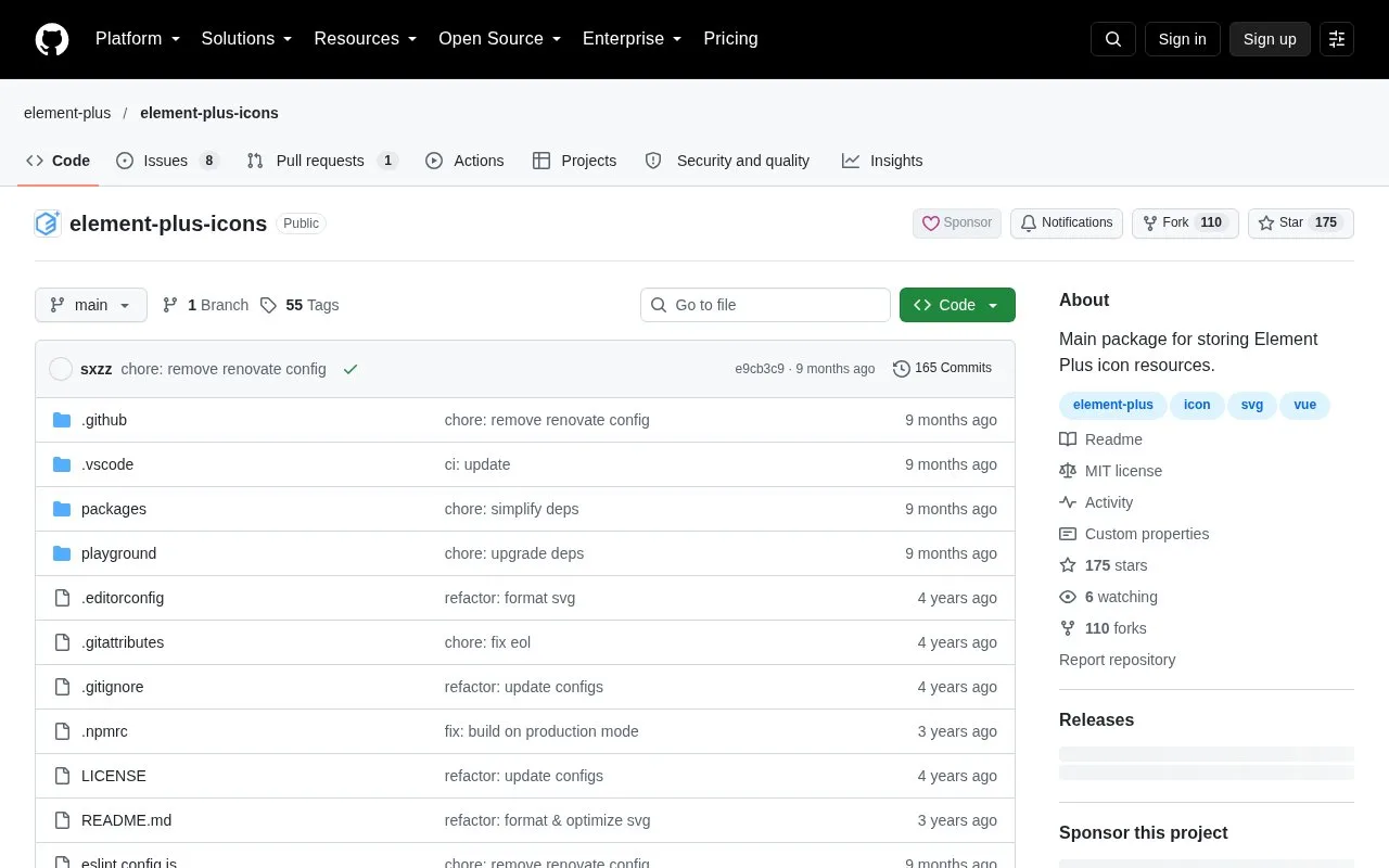 Screenshot of the Element Plus Icons homepage