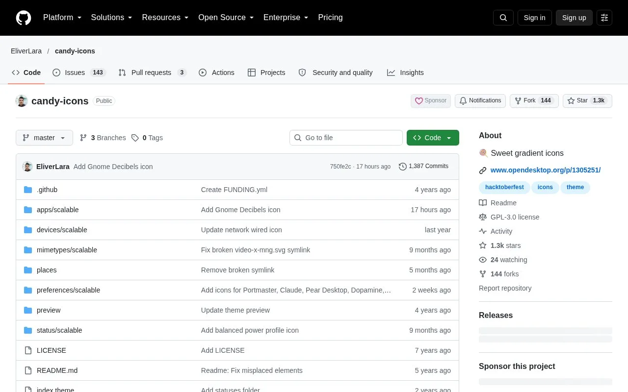 Screenshot of the Candy Icons homepage