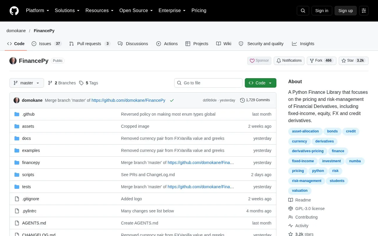 Screenshot of the FinancePy homepage