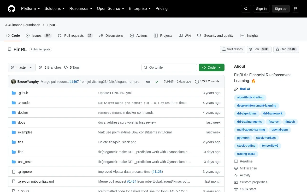 Screenshot of the FinRL homepage