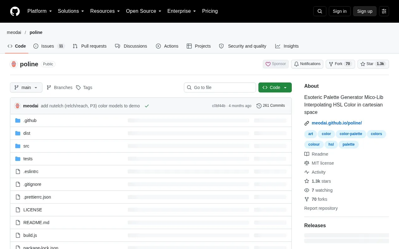 Screenshot of the Poline homepage