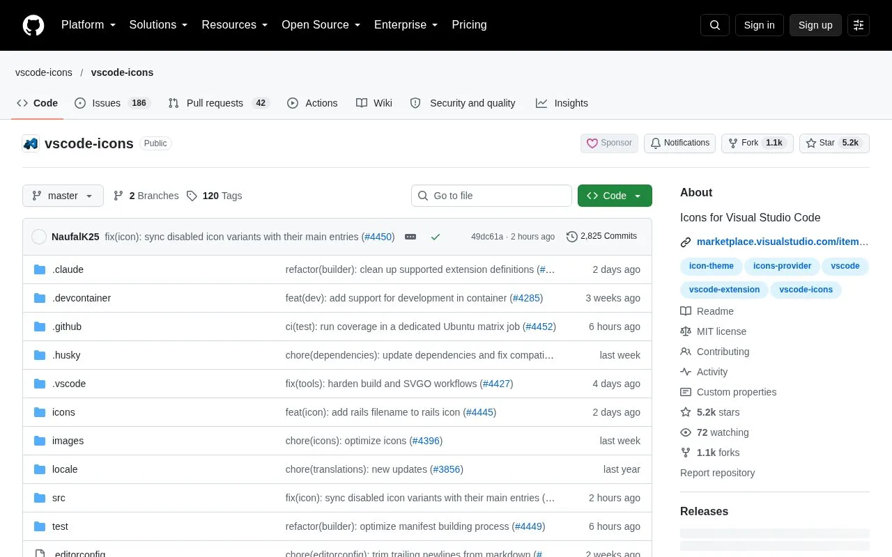 Screenshot of the vscode-icons homepage