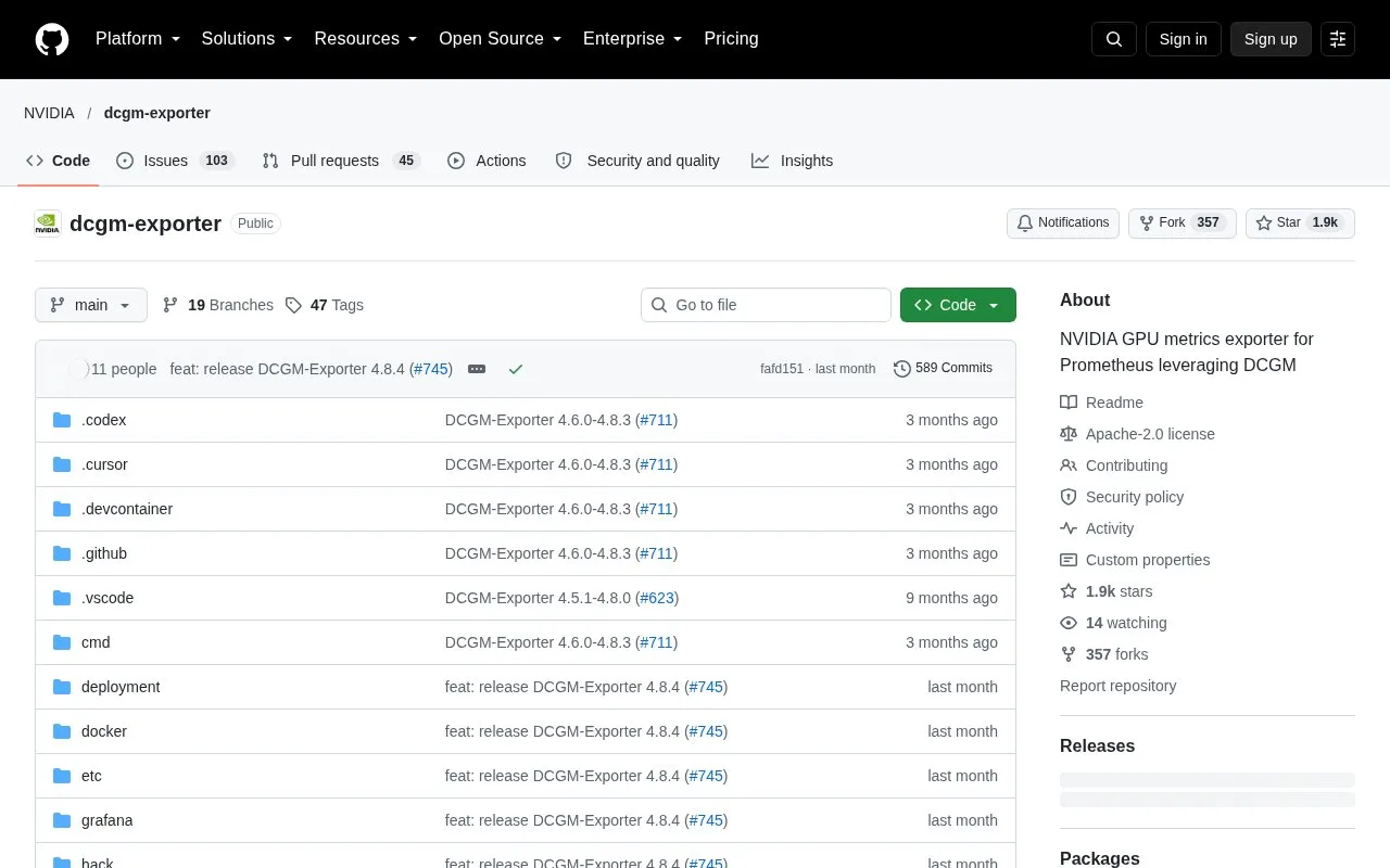 Screenshot of the NVIDIA DCGM Exporter homepage