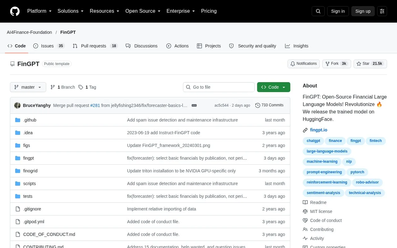 Screenshot of the FinGPT homepage