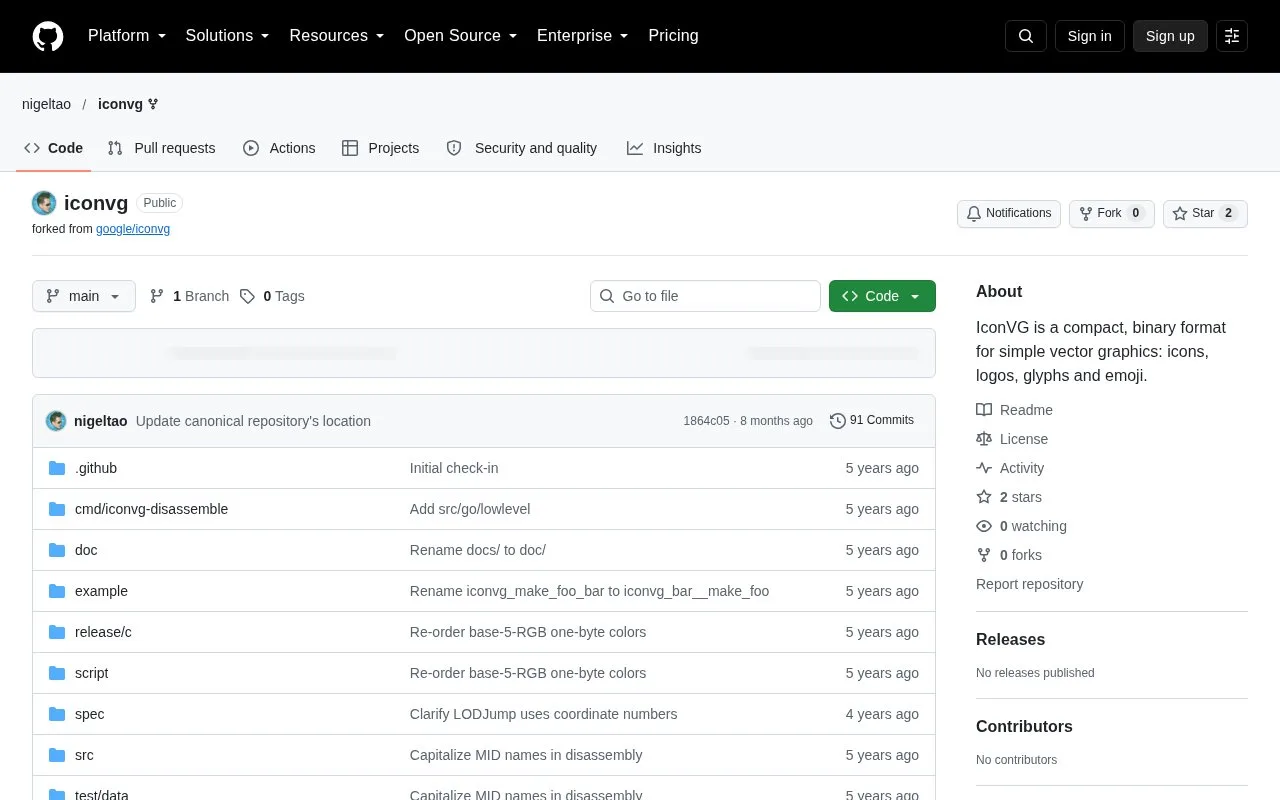 Screenshot of the IconVG homepage