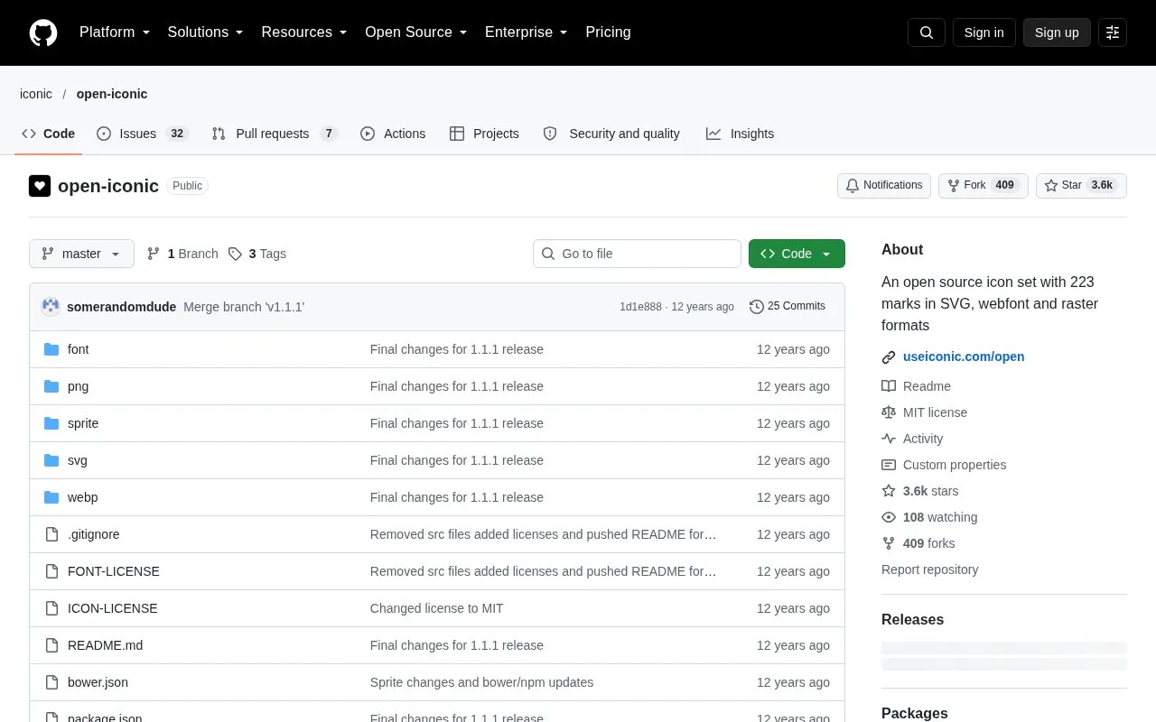 Screenshot of the Open Iconic homepage