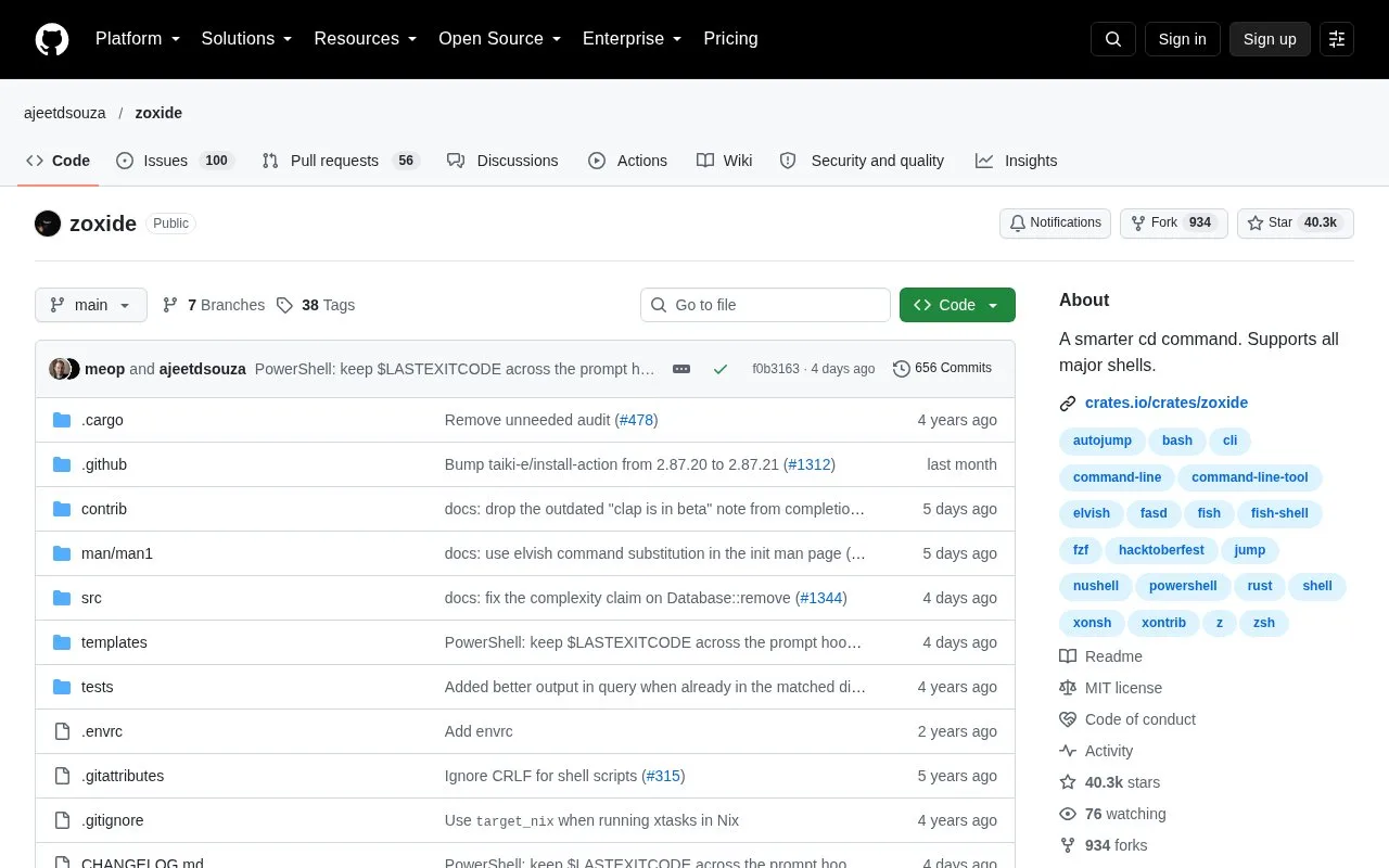 Screenshot of the zoxide homepage