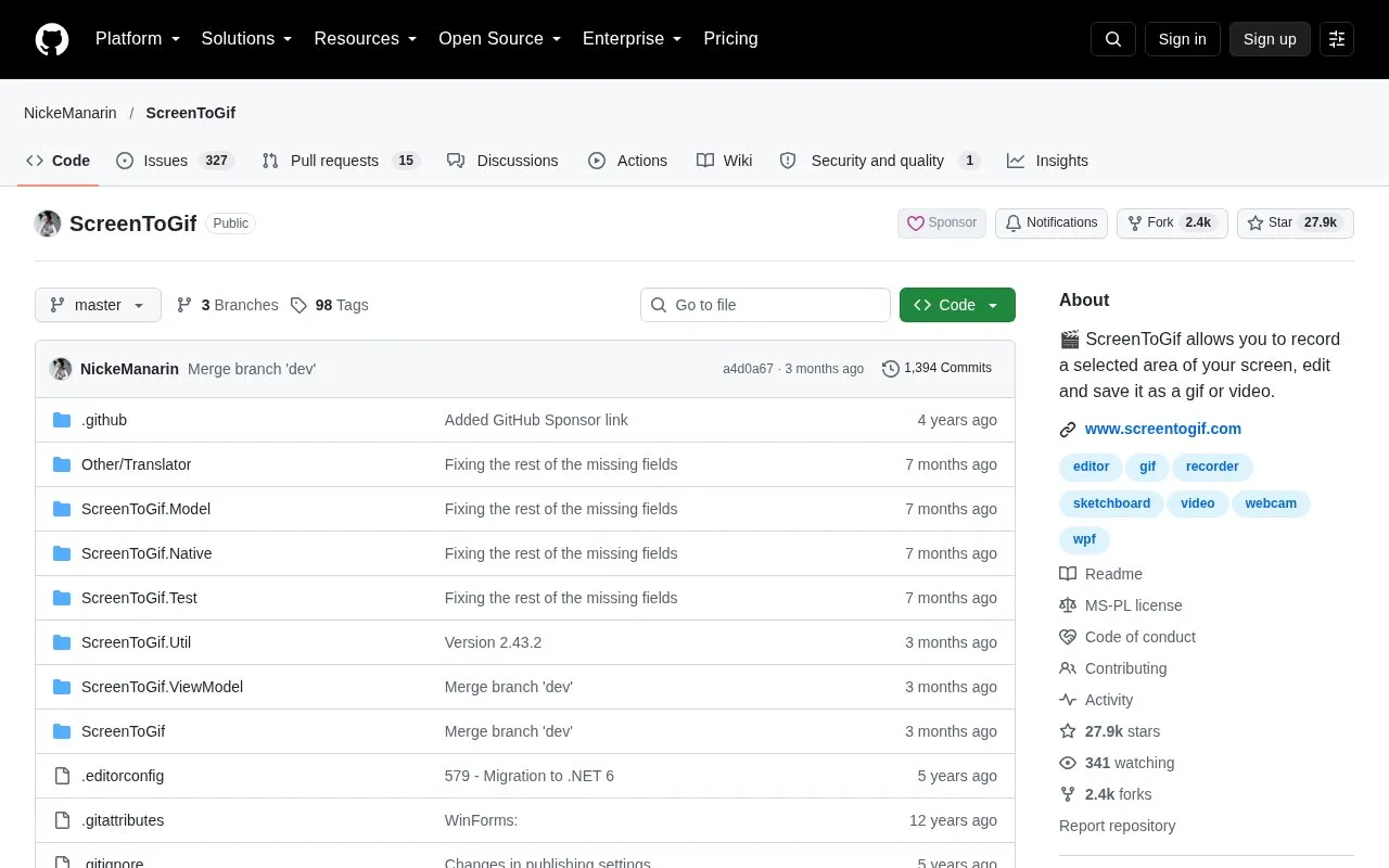 Screenshot of the ScreenToGif homepage