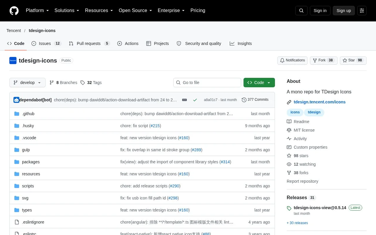 Screenshot of the TDesign Icons homepage