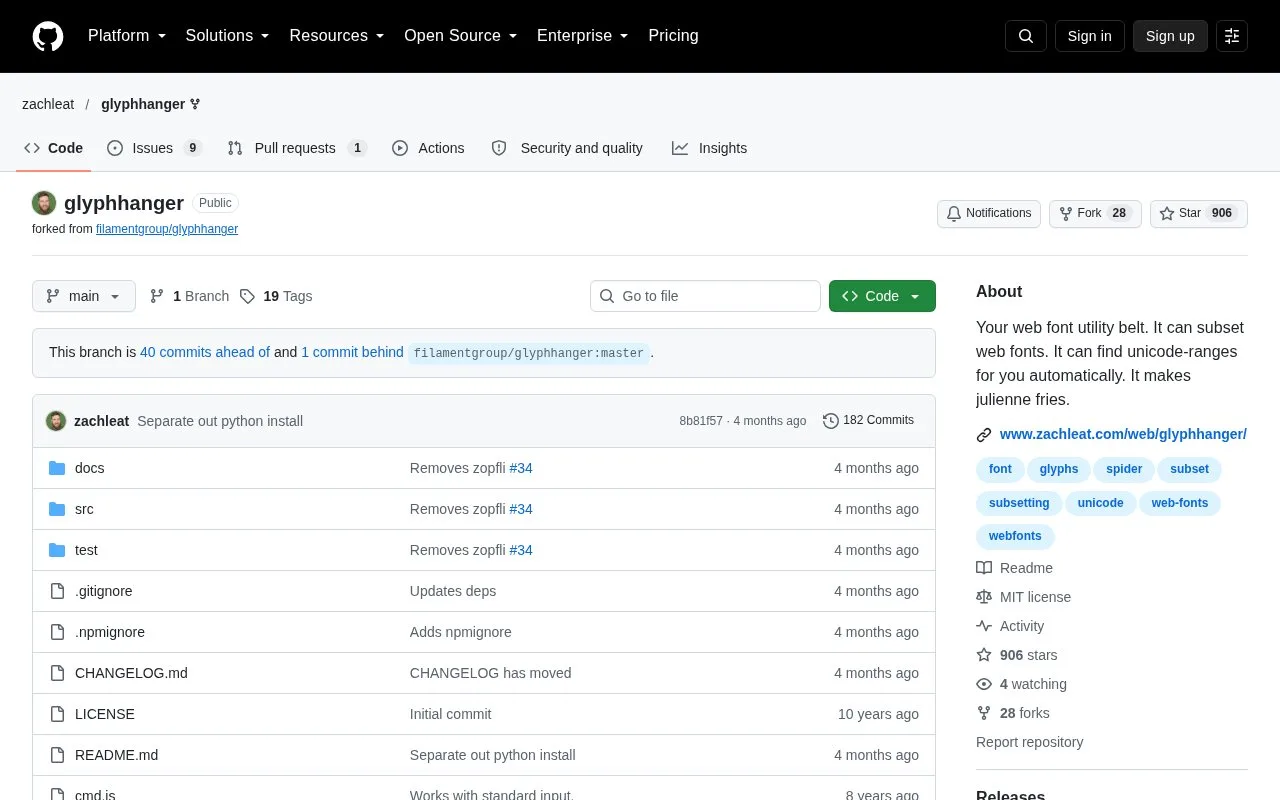 Screenshot of the glyphhanger homepage