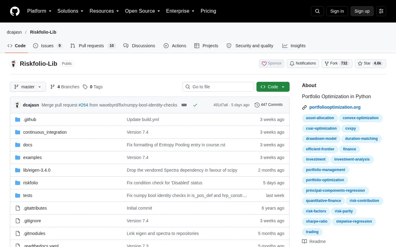 Screenshot of the Riskfolio-Lib homepage