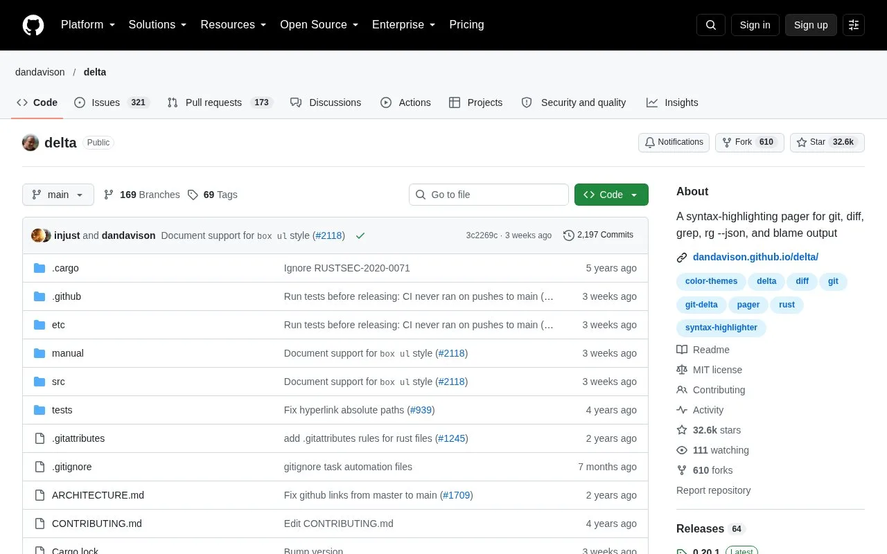 Screenshot of the delta homepage