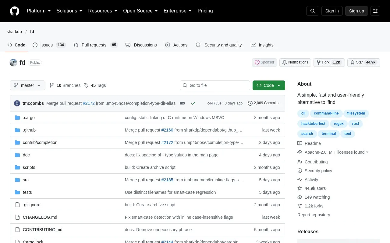Screenshot of the fd homepage