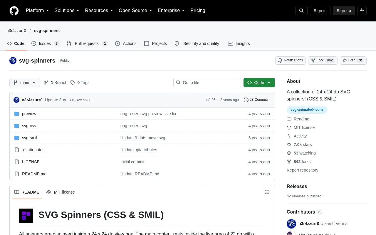 Screenshot of the SVG Spinners homepage