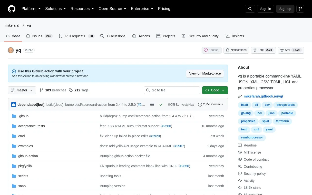 Screenshot of the yq homepage