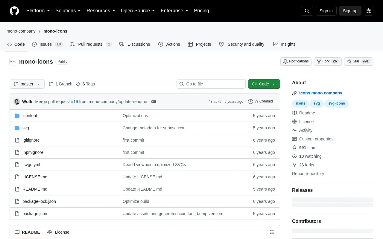 Screenshot of the Mono Icons homepage