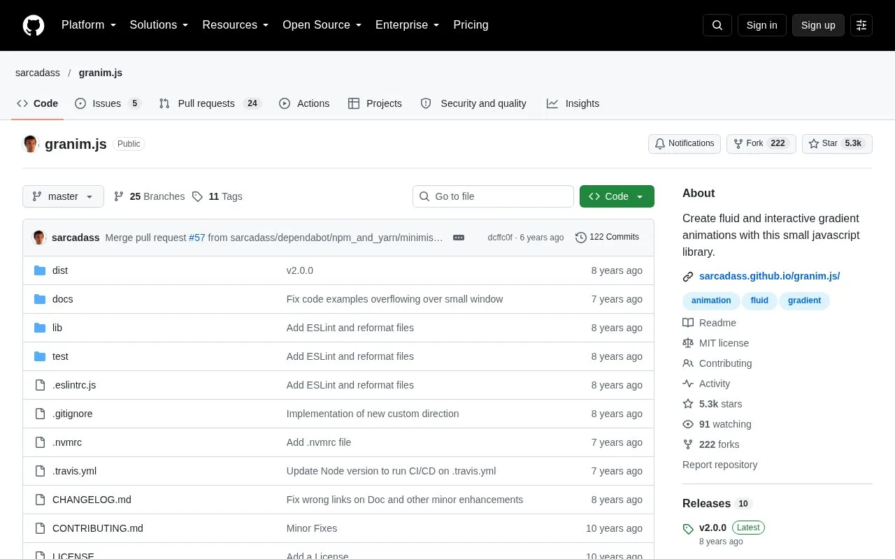 Screenshot of the Granim.js homepage