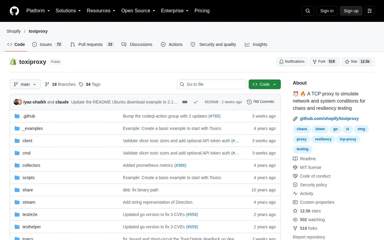 Screenshot of the Toxiproxy homepage