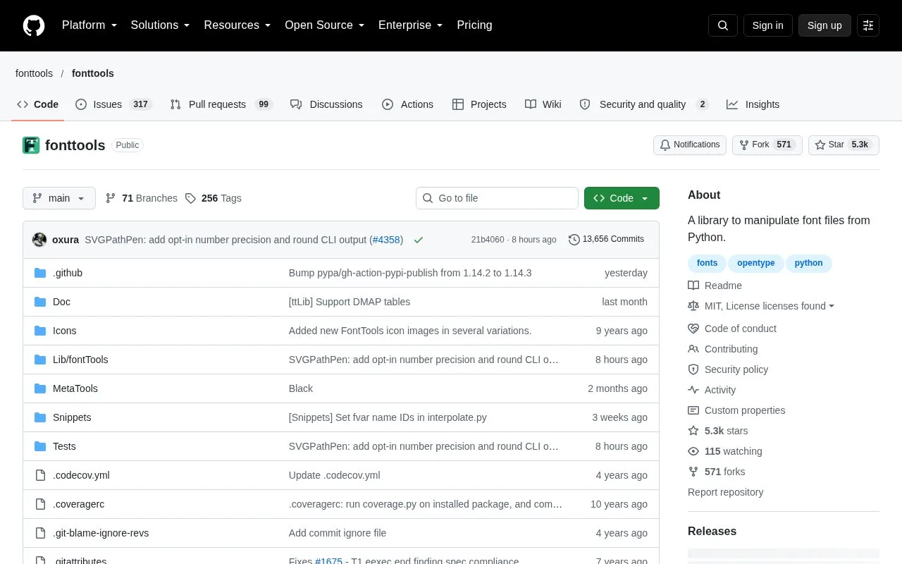 Screenshot of the fontTools homepage