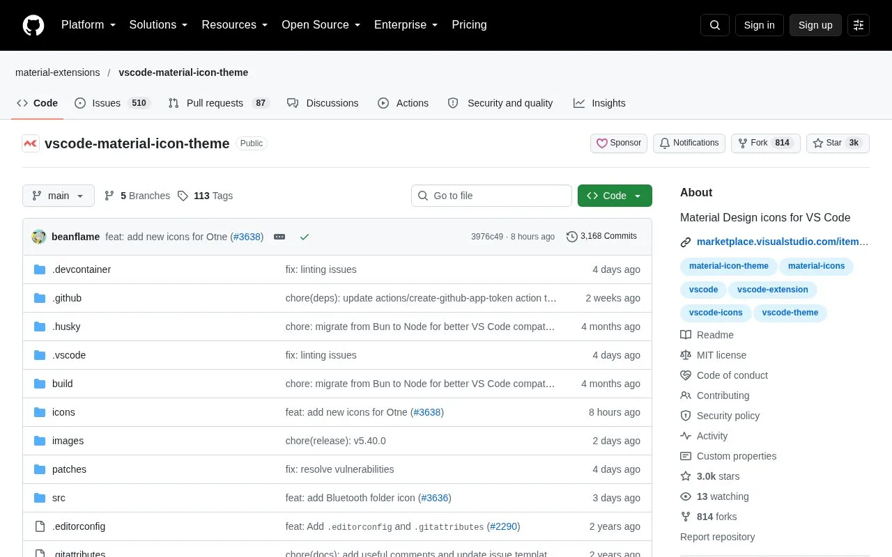 Screenshot of the Material Icon Theme homepage