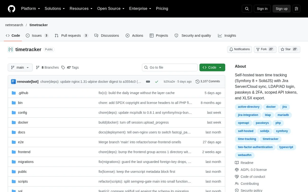 Screenshot of the Netresearch TimeTracker homepage