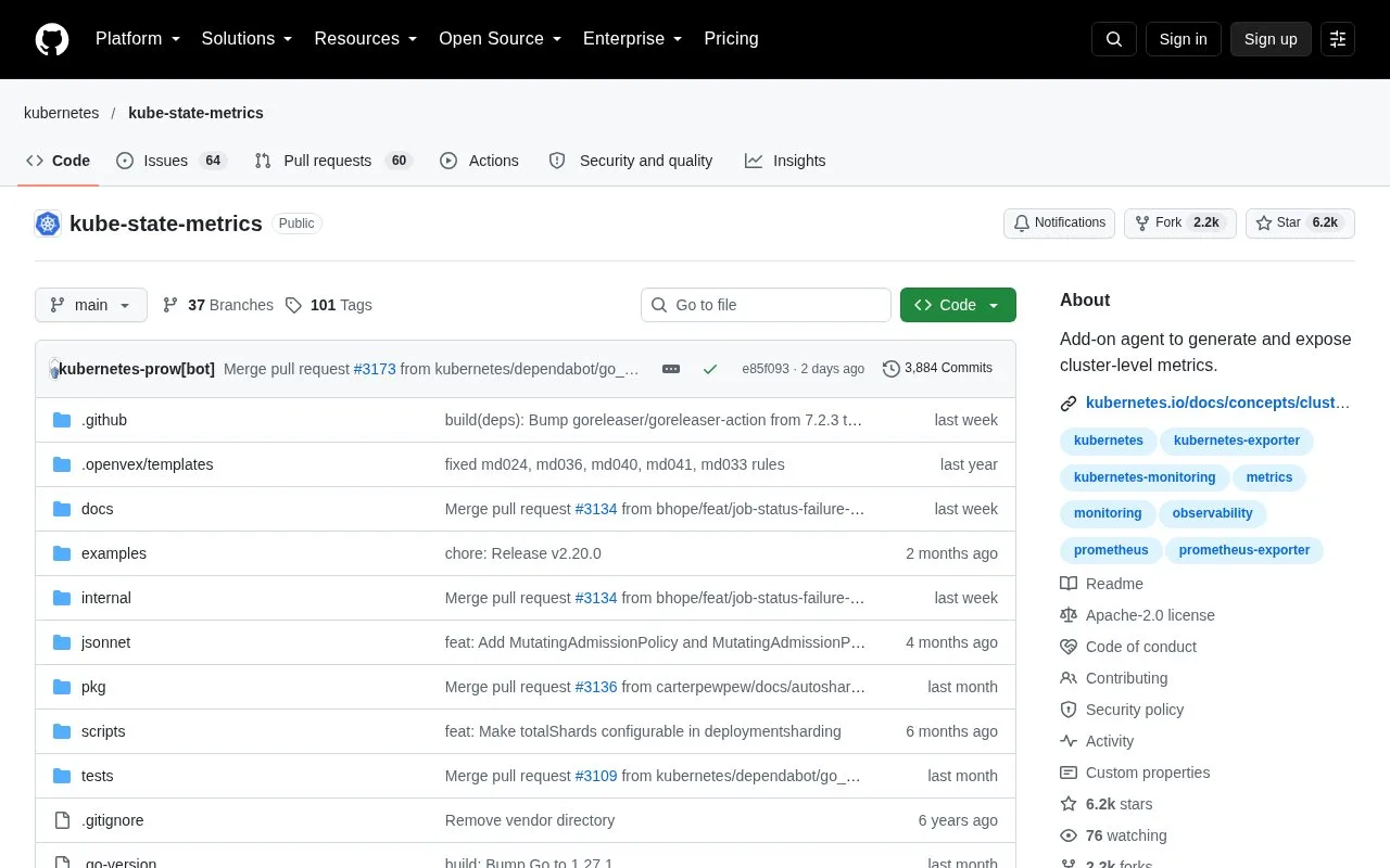Screenshot of the kube-state-metrics homepage
