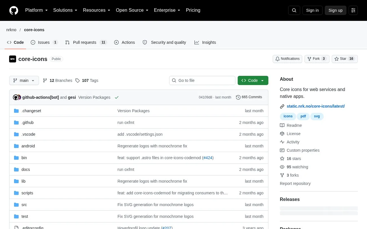 Screenshot of the NRK Core Icons homepage