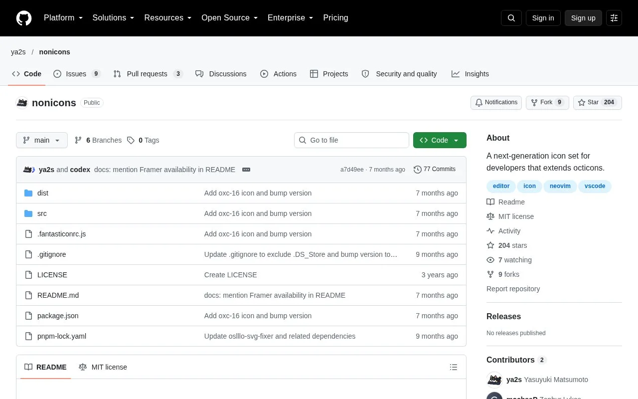 Screenshot of the Nonicons homepage
