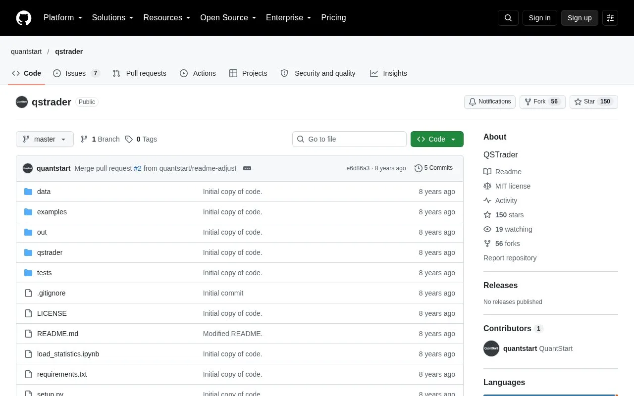 Screenshot of the QSTrader homepage
