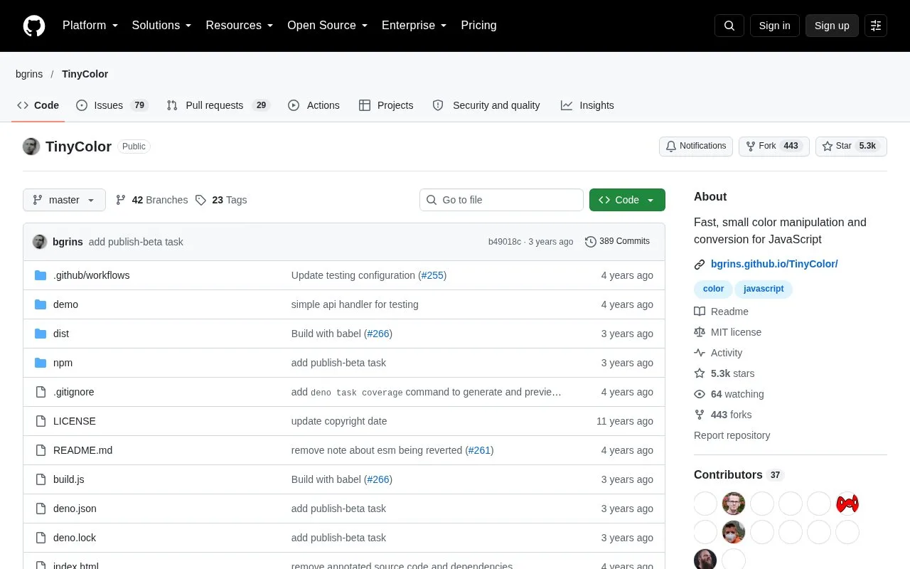 Screenshot of the TinyColor homepage