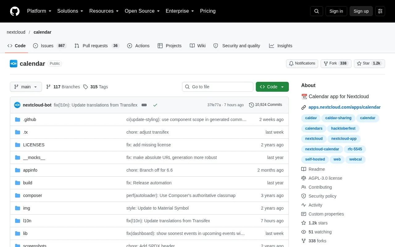 Screenshot of the Nextcloud Calendar homepage