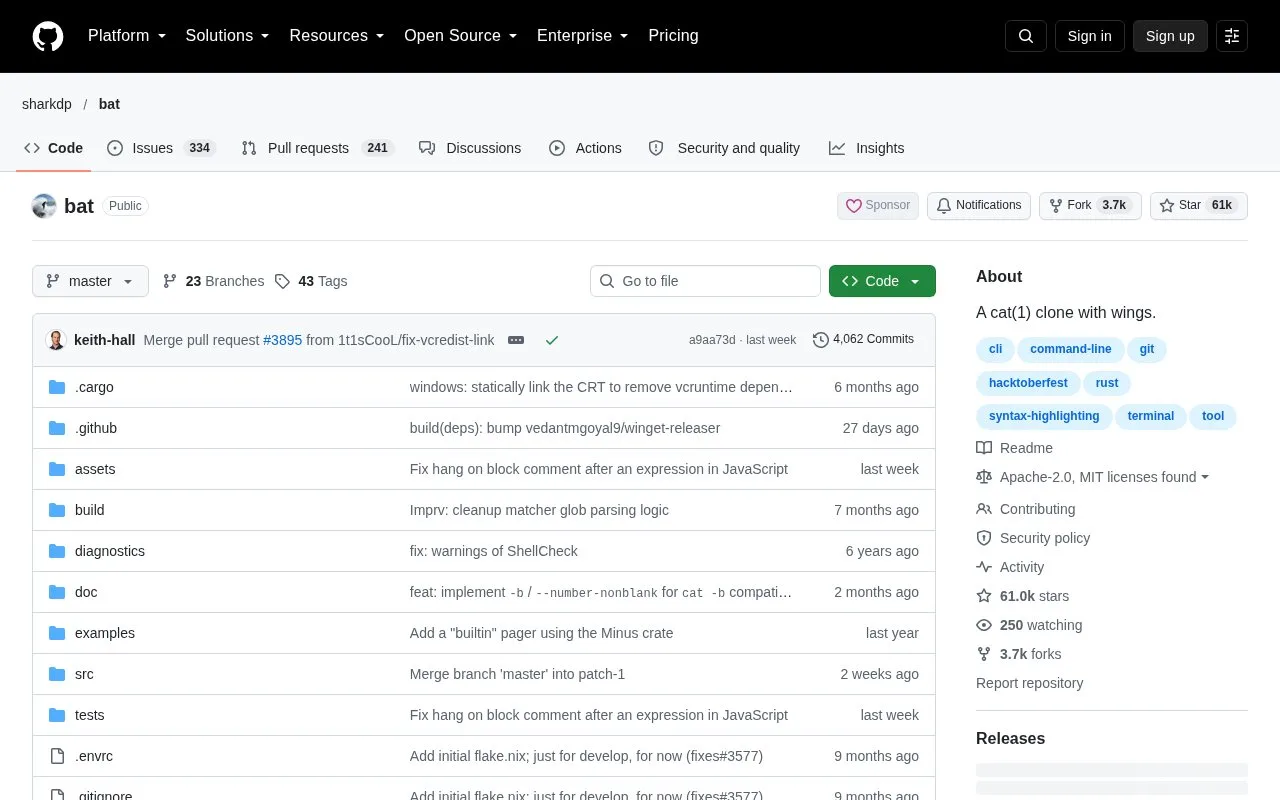 Screenshot of the bat homepage