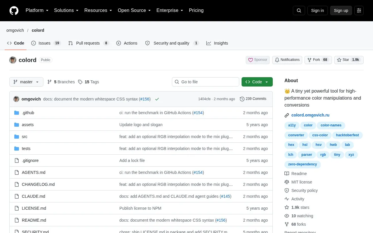 Screenshot of the colord homepage