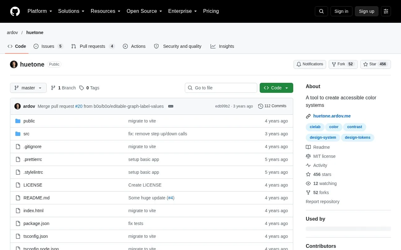 Screenshot of the Huetone homepage