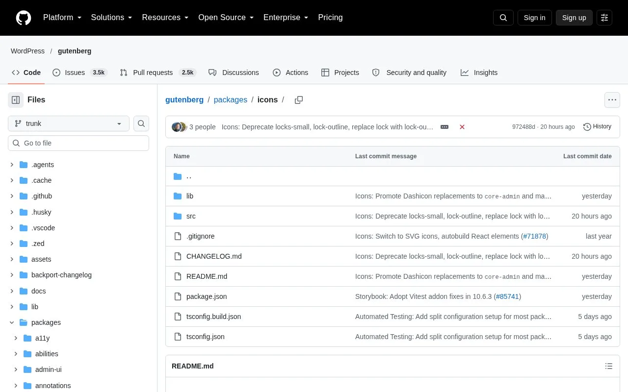 Screenshot of the WordPress Icons homepage