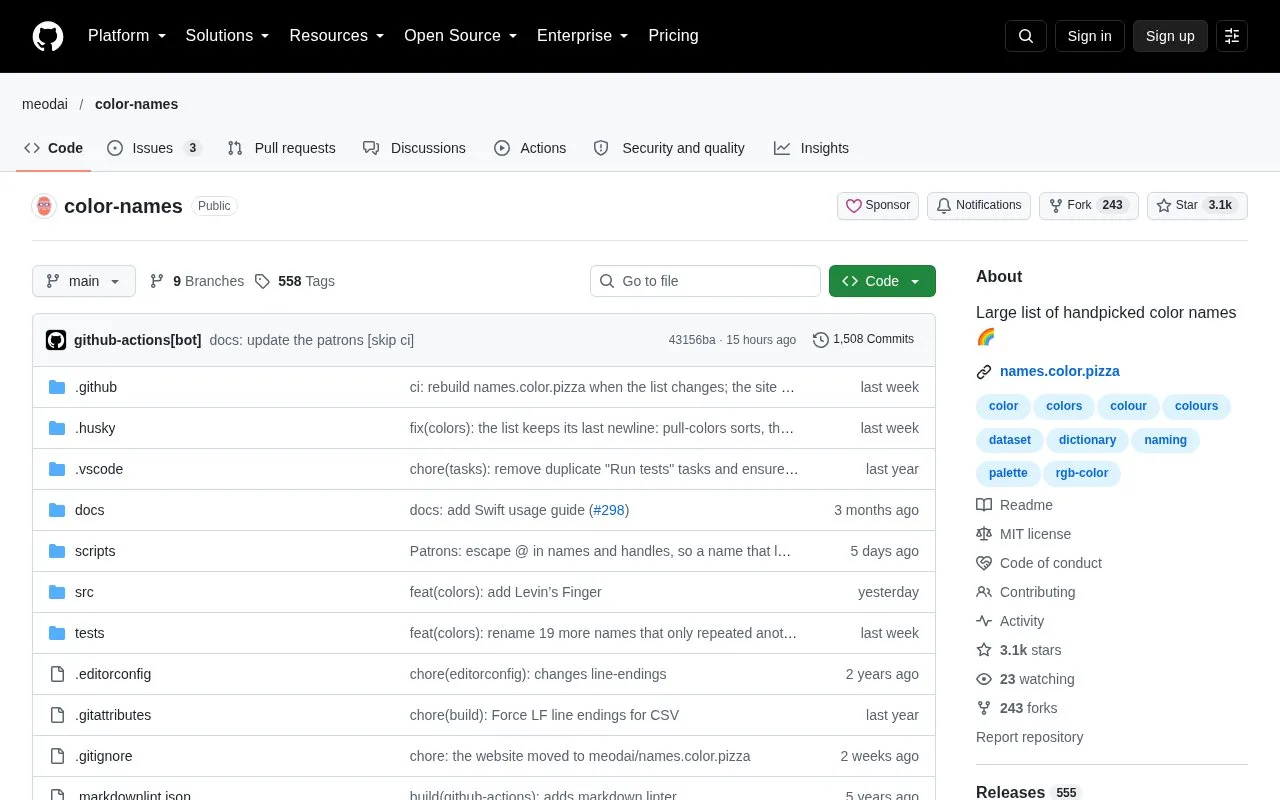 Screenshot of the Color Name List homepage