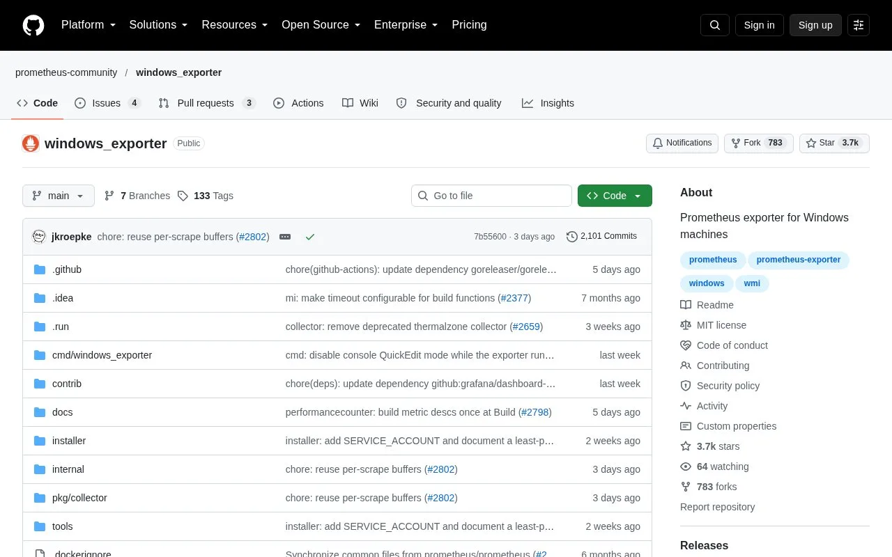 Screenshot of the Prometheus Windows Exporter homepage