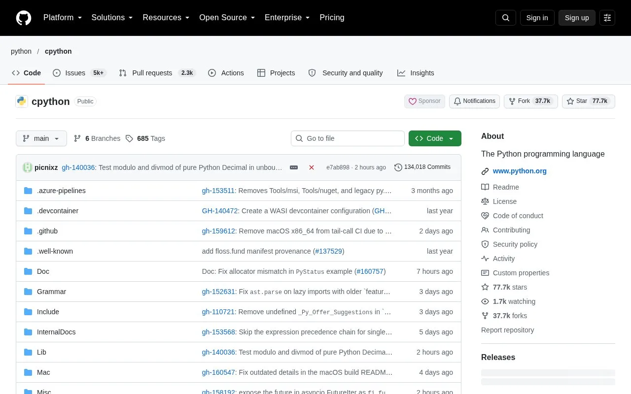 Screenshot of the CPython homepage