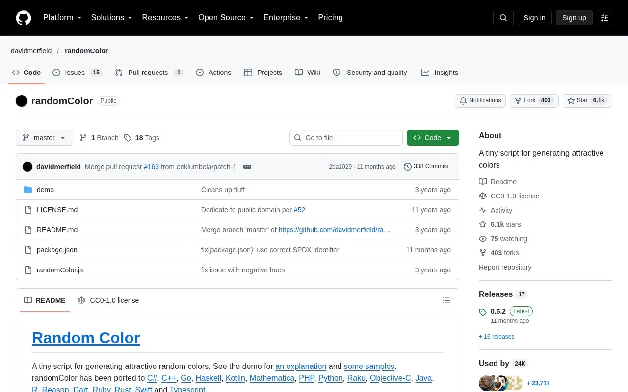Screenshot of the randomColor homepage